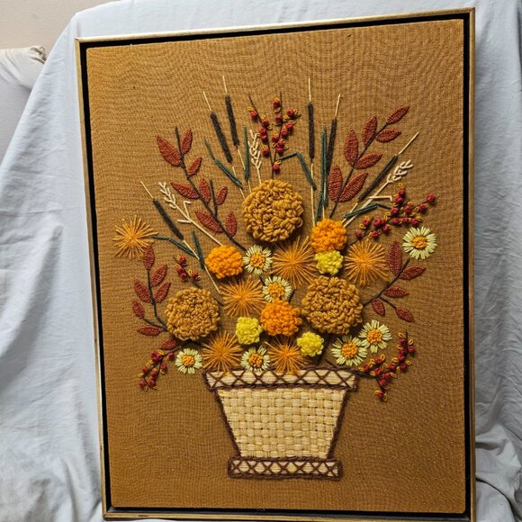 Vintage 60s/70s Crewel Handmade Fall Floral Basket with Cattails Framed MCM Art - Picture 8 of 11